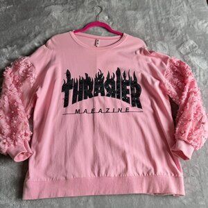 Pink Pearl Sleeve Sequin Logo Sweatshirt – Kawaii/Harajuku – Women